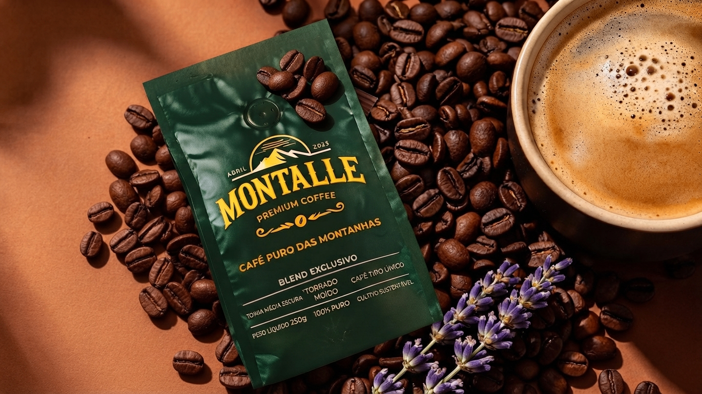 Café MONTALLE com grãos selecionados e xícara de café cremoso
